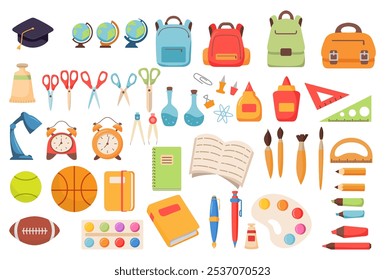 A set of school supplies.Back to school. Education hand drawn symbols. school icon.Design for web, site, advertising, banner, poster.Stationery elements. Office supplies.Sports 