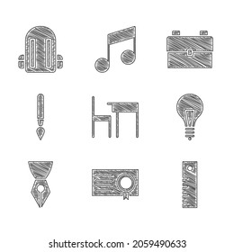 Set School table and chair, Certificate template, Ruler, Light bulb with concept of idea, Fountain pen nib, Paint brush, backpack and  icon. Vector