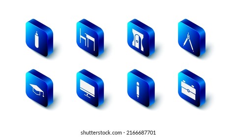 Set School table and chair, Pencil sharpener, Drawing compass, backpack, with eraser, Computer monitor screen, Graduation cap and Marker icon. Vector
