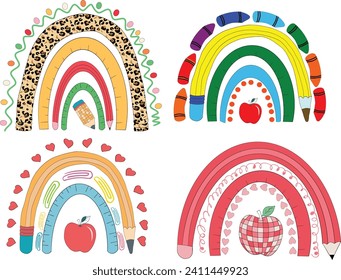 Set of school teacher rainbow vector clip art illustration with pencil, ruler, staples, crayon and apple.