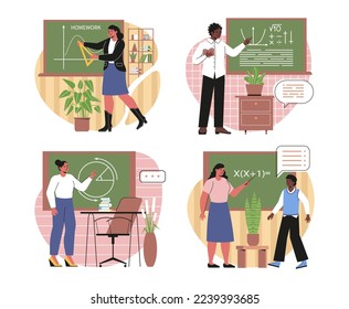 Set of school teachers. Men and women professors or lecturers stand at blackboard and conduct lesson in classroom. Characters give knowledge. Cartoon flat vector collection isolated on white