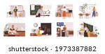 Set of school teachers standing at blackboards and whiteboards in classroom. Lecturers teaching in class. Professors at chalkboards. Colored flat vector illustration isolated on white background