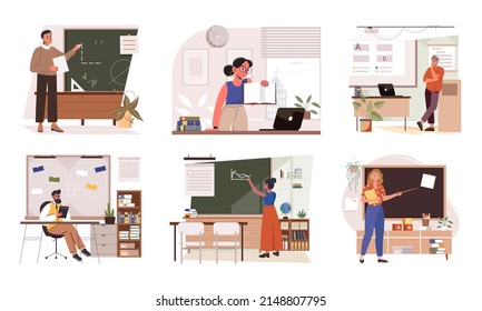 Set of school teachers standing by blackboards or chalkboards in the classroom. Teacher explaining information. Lecturers teach in the classroom. Professors at blackboards vector isolated illustration