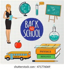 Set of school teaching design elements. Back to school inscription and colorful education icons for your design. Vector illustration