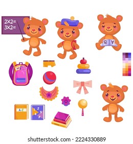 Set of School teddy bear, School items. Kindergarten.  Can be used as a brand mascot. make you own design. Vector illustration.