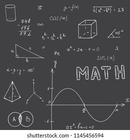 Set of school thematic items of subject mathematics, back to black  chalky background,   vector hand draw illustration 
