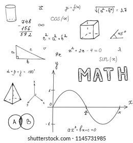 Set of school thematic items of subject mathematics, back to school background,  vector hand draw illustration 
