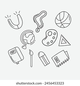 set of school theme doodle illustrations on a white background for school design