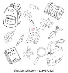 Set school theme. Vector illustration background on a school theme. Hand drawn notebook, pen, ruler, school bag, pencil.