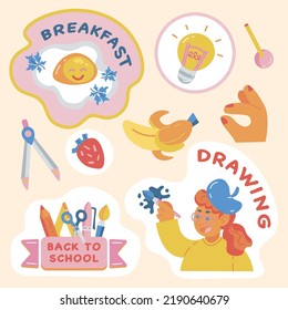 Set Of School Themed Stickers Vector Drawing Breakfast Banana