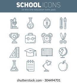 A Set Of School Thin Lined Flat Icons In Outlined Style With Education Infographic Elements - Globe, Book, Pen, Notebook, Alarm, Chemistry, Microscope