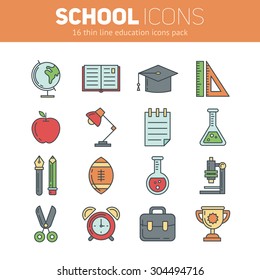 A set of school thin lined flat icons in outlined style with education infographic elements - globe, book, pen, notebook, alarm, chemistry, microscope