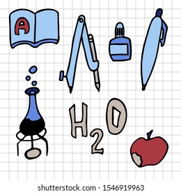 set of school things checkered sheet. isolated doodle stock vector illustration