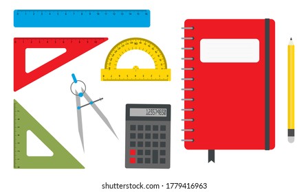 
A set of school things, items for drawing. A set of rulers, notebook, pencil, calculator, compasses. Education theme. Flat vector illustration.