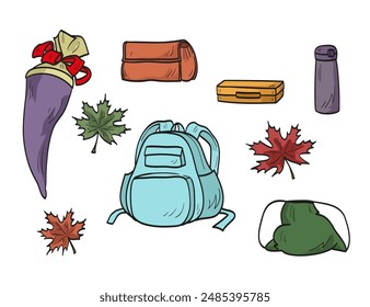 Set of school things for the school year with school candy cone. Isolated elements on a white background. Back to school.