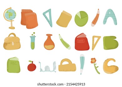 A set of school things for the school year. School stuff vector set. Back to school stationary. Supplies for office and education. Equipment for teachers and children.