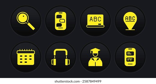 Set School timetable, Alphabet, Headphones, Graduate and graduation cap, Chalkboard, New chat messages notification, Online translator and Magnifying glass icon. Vector