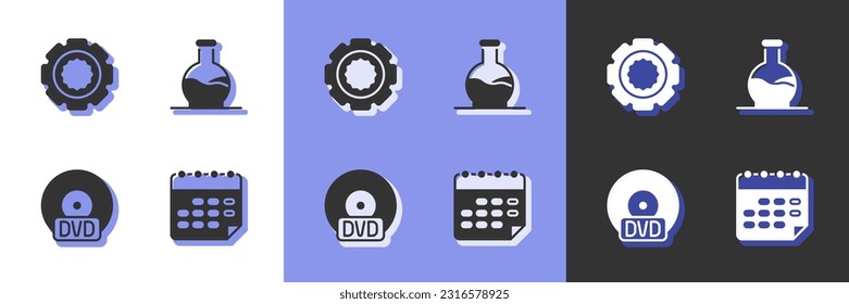Set School timetable, Gear, CD or DVD disk and Test tube icon. Vector