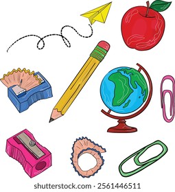 Set of School Tools: Apple, Pencil, Pencil Sharpener, Paper Clips, Paper Airplanes, 100 Days of School, Back to School. Art and Illustration