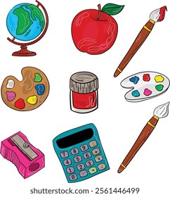 Set of School Tools: Globe Model, Apple, Paintbrush, Paints, Drawing Board, Pencil Sharpener, Calculator, Back to School, 100 Days of School. Art and Illustration