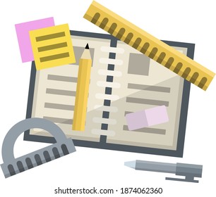 Set of school tools. Notepad, pen, ruler, pencil, and protractor.