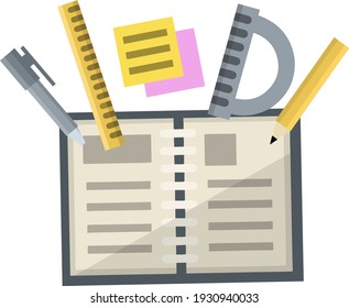 Set of school tools. Notepad, pen, ruler, pencil, and protractor. Technical education. Design and notes. Learning and science. Notebook and paper. Flat cartoon