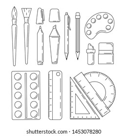 Set of school tools in outline style isolated on white background. Vector  back to school illustration for web or design.