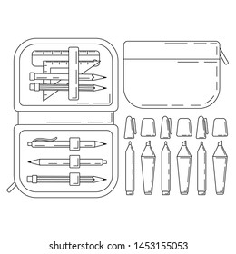 Set of school tools in outline style isolated on white background. Vector illustration of pen case and markers for web or design.