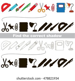 Set of school tools with shadows to find the correct one. Compare and connect objects and their true shadows. Educational kid gaming. Logic game with simple level for preschool children.