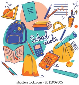 set of school tools in the style of doodle. Backpack, pencils, brushes, protractor, bag for removable shoes. Vector illustration isolated on white background - square composition