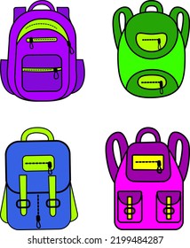 A set of school or travel backpacks, hand-drawn in bright colors.Illustration of school supplies. Vector vivid illustration of a backpack. Postcards, posters, notebook covers, magazines.