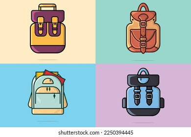 Set of School and Traveling Bag Backpack vector illustration. Education and Travel object icon concept. Collection of Student bags vector design. Back to school and education concept logo icon.