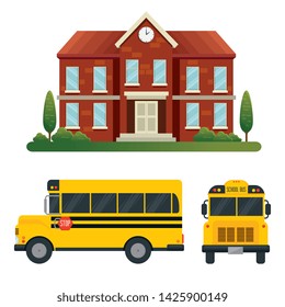 set of school with trees and bus vehicle transport