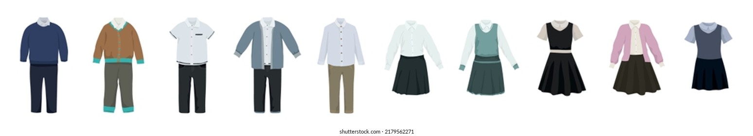 Set of school uniform for boys and girls on white background