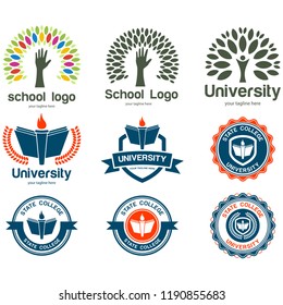 Set of School, university and college school crests and logo emblems. Isolated abstract colorful education and learn logo set.