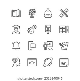 Set of School and university related icons, study, learning, knowledge, chemistry, globe, classroom, biology, history, math, geometry and linear variety vectors.