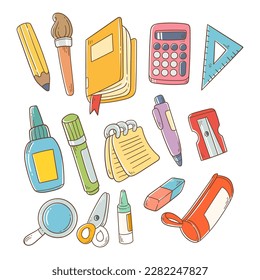 Set of school utensil hand-drawn illustration. School supplies vector illustration. Back to school, book, calculator, pen, pencil, eraser, scissors, high lighter, magnifying glass.