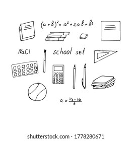 Set of school, vector illustration, textbooks, notebook, ball, sandwich, stationery, formulas, hand drawing