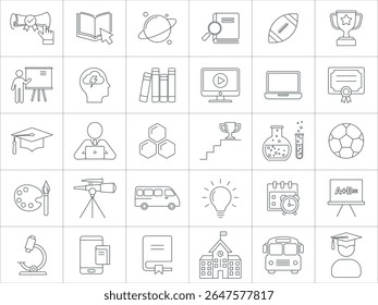 Set Of School Web Icons In Line Style. Including education, knowledge and achievement icons for web.
online education, school bus, science, sports