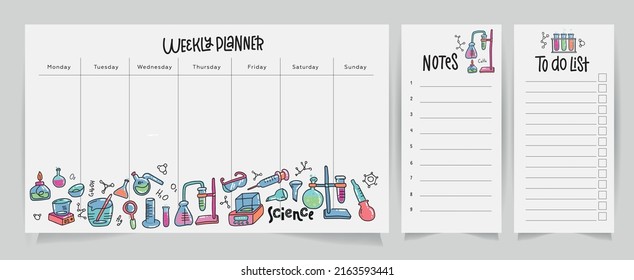 Set of School weekly planner and to do lists with science theme. Chemistry flask, laboratory instruments in doodle style. Hand drawn vector illustration. CMYK printable template