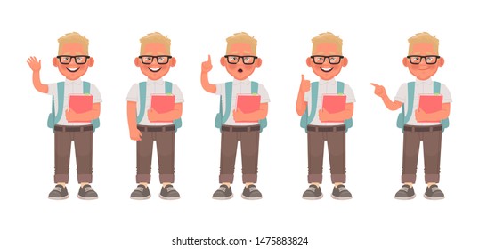 Set of schoolboy character in various poses and gestures. Elementary school student with glasses and with a backpack and a book. Vector illustration in cartoon style