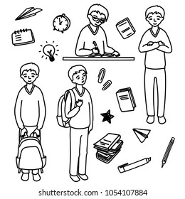 Set. The schoolboy is in different poses. School items.