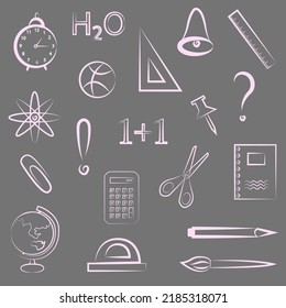 set schoolboy globe ruler notepad alarm clock ball bell pencil paper clip calculator brush atom vector doodle illustration 