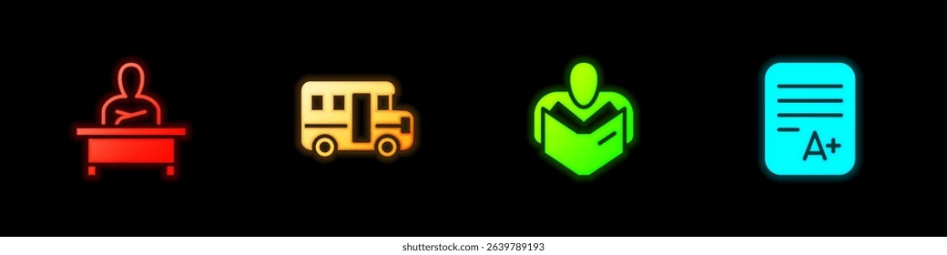 Set Schoolboy sitting at desk, Bus, Man reading book and Exam sheet with A plus grade icon. Vector