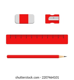 Un conjunto de artículos de papelería para escolares - una regla, un borrador, un afilador, una ilustración a lápiz.Vector
