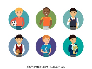 Set of schoolboys characters of various ethnicity, age, holding different objects 