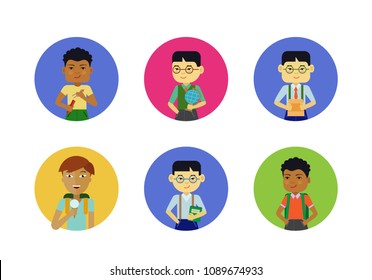 Set of schoolboys characters of various ethnicity, age, holding different objects 