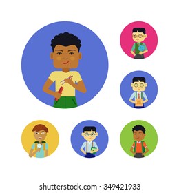 Set of schoolboys characters of various ethnicity, age, holding different objects 