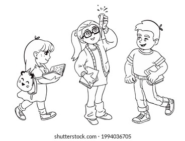 Conjunto de escolares por línea. El chico es un atleta, una chica está leyendo un libro y una colegiala sostiene un tubo de ensayo químico. Libro de colorear. Personajes de caricatura realistas. Vector aislado en blanco