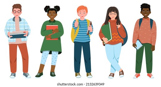 Set of schoolchildren with school supplies. Happy students of different nationalities are holding books. Set of kids teenagers characters in different poses, clothes. Baby clothes.Vector